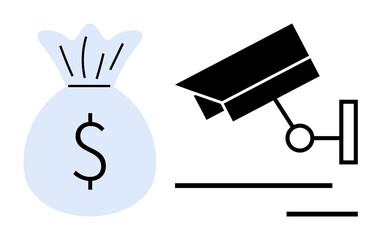 Financial security, fraud prevention, surveillance systems, theft protection, crime monitoring, cash safeguarding. Money bag with dollar symbol next to a security camera. Financial security and fraud