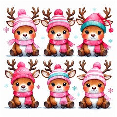Fototapeta premium Whimsical deer characters adorned in winter accessories, set against a pristine backdrop, ready for holiday season. The deer are styled with beanies and scarfs , isolated on a white background