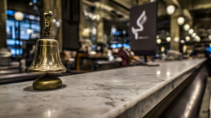checkin. Elegant hotel lobby counter with a vintage bell, featuring warm lighting and marble surfaces. real-estate listings.