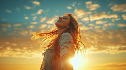A free and happy woman enjoying nature. Concept of freedom. A beautiful girl above the sky and sun. Sunbeams. Joyful
