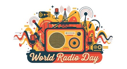 World radio day celebrated with a retro radio, microphones, headphones, antennas, and sound waves in a vibrant, colorful, flat design illustration