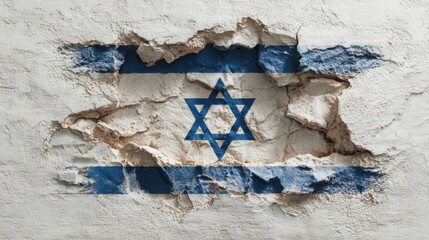 Wall shows Israeli flag with cracks and rough surface in urban area during daylight