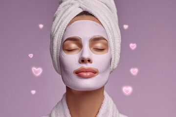 Woman enjoying spa treatment with purple face mask and towel wrap