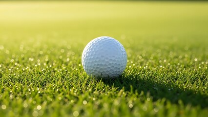 Close up of a white golf ball resting on a vibrant green golf course fairway