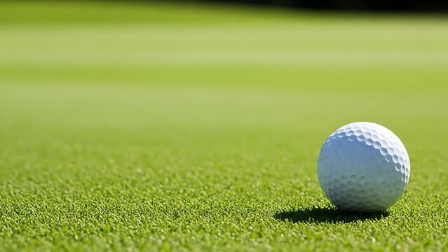Close up of a white golf ball on a green golf course fairway - Powered by Adobe