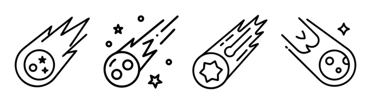 Celestial meteor and comet line icons set. space asteroid falling.
