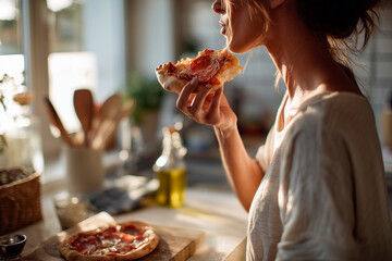 Young woman eating a warm pepperoni pizza slice in a cozy sunlit kitchen, holding the slice near her lips with rustic wooden utensils and olive oil nearby.