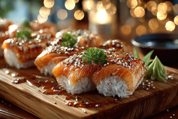 Salmon Nigiri Sushi on Wooden Board with Festive Lights