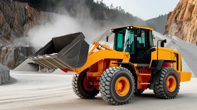 Heavy-duty loader in a quarry, showcasing powerful machinery in action, as it lifts gravel with its bucket, demonstrating operational efficiency and strength, camera pans smoothly