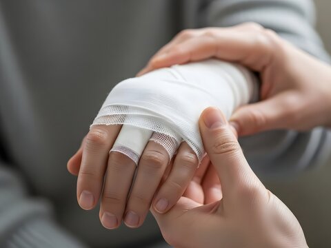Close-Up of Bandaged Injured Hand Being Cared For &ndash; First Aid and Healthcare Concept
