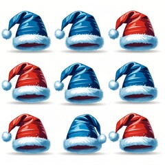 Set of cartoonish Christmas Santa hats isolated as festive holiday accessories