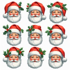 A festive mosaic of Santa Claus, each visage radiating mirth, donned in a classic red hat, adorned with sprigs of holly and berries, embodying the spirit of Christmas