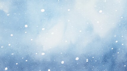 Fototapeta premium Abstract watercolor painting of soft white snow falling against a blue sky, calm and warm atmosphere, gentle textures and subtle details, serene winter mood, artistic and tranquil composition.