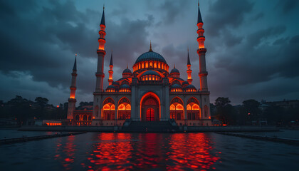 A Majestic Ottoman-Style Mosque Illuminated by Dramatic Orange Light at Dusk, Reflecting on the Calm Water Under a Moody Cloudy Sky in Istanbul.