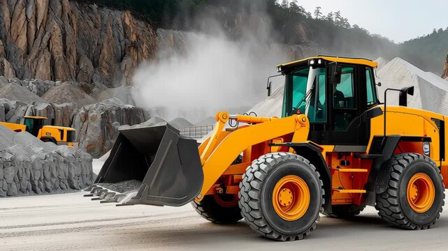 Heavy-duty construction loader in action, scooping gravel from a quarry, showcasing powerful machinery and dynamic movement, camera pans and zooms in for detail