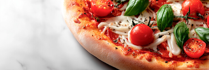 Fresh margherita pizza topped with melting mozzarella, cherry tomatoes, and basil leaves on a crisp crust against a light marble background.