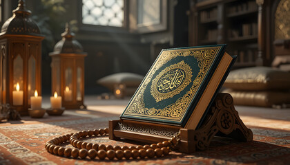 Sacred Quran Placed on Ornate Stand with Prayer Beads and Lantern, Illuminated by Golden Light, Symbolizing Islamic Faith and Spiritual Devotion in a Mosque Interior.