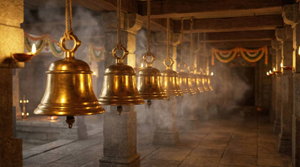 Row of brass temple bells hanging in a dimly lit stone corridor image photo