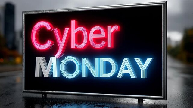 Vibrant neon sign displaying Cyber Monday promotion, illuminated against a rainy urban backdrop, showcasing dynamic lighting effects, camera pans and zooms in for detail - Powered by Adobe