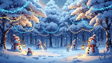 Snowmen Family In Snowy Forest With Christmas Lights