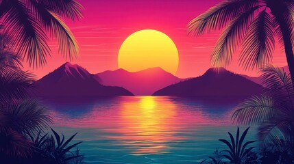 Obraz premium Vibrant sunset over calm ocean with silhouetted mountains and palm trees.