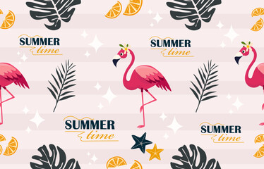 Cute Pink Flamingo Summer Seamless Vector Pattern with Orange Slices