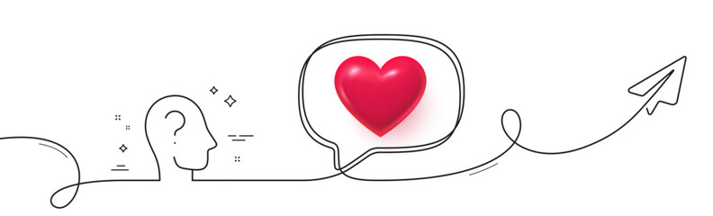 Psychology therapy line icon. Continuous line with share plane. Mental health sign. Brain question mark symbol. 3d heart in speech bubble. Psychology single line ribbon. Loop curve pattern. Vector