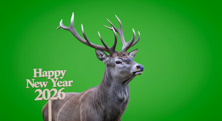 Striking Red Deer Stag with Grand Antlers Wishes Happy New Year 2026, Set Against a Vivid Green Screen, Representing Seasonal Joy and Natural Majesty