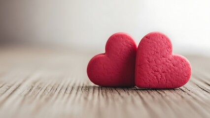 Fototapeta premium Two red hearts on a rustic wooden background, symbolizing love and romance