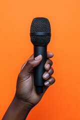Black male hand holding a microphone on an orange background