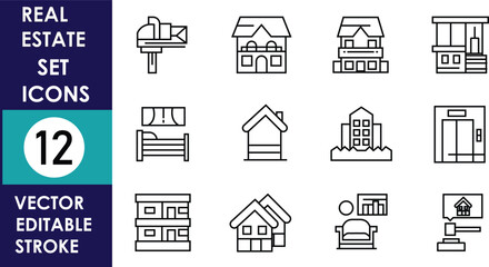 Clean line-art real estate icon set displaying houses, apartments, buildings, mailboxes, interiors, and neighborhood elements arranged in a neat grid with editable stroke styling
