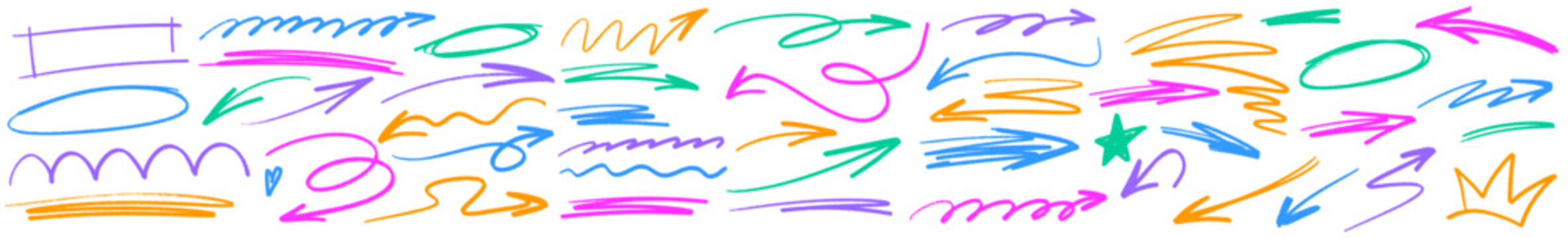 Expressive arrow strokes combining crayon grit and chalk haze. Every arrow shows fluid brush lines and textured brush contours.