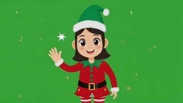 Cute cartoon girl dressed as a Christmas elf waving on a green background with sparkles.