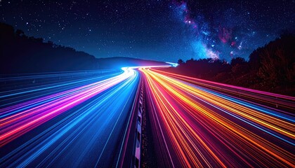 Long exposure of a highway at night with light trails and a star-filled sky