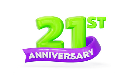 21st Anniversary celebration bright 3D neon green numbers with purple banner. 3d illustration