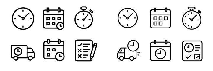 Collection of outline icons representing time management, scheduling, delivery service, and deadlines