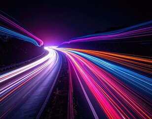 Long exposure shot of car lights curving along a highway at night, creating light trails