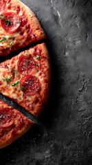Three pepperoni pizza slices with melted cheese and fresh herbs on a dark slate surface, showcasing a crispy golden crust and savory toppings.