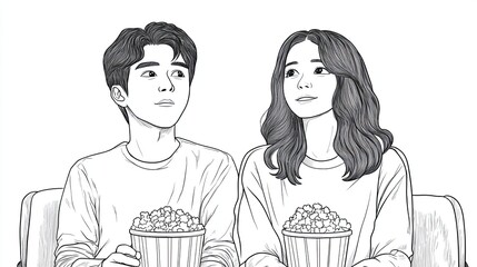 Continuous one line drawing of couple watching movie and eating popcorn in cinema,