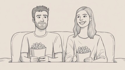 Continuous one line drawing of couple watching movie and eating popcorn in cinema,