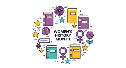 Womens history month celebration with books, flowers, and female symbols
