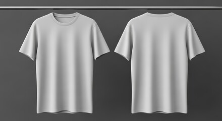 Front and back view of a blank white tshirt hanging on a metal rail against a dark grey background, ready for design mockup