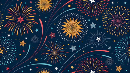 A vibrant pattern featuring colorful fireworks bursts, sparkles, stars, and glowing light trails on a dark midnight background. Energetic celebration vibe perfect for New Year themes