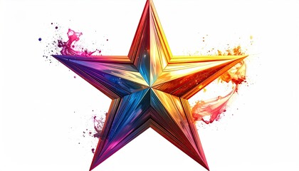 A vibrant, five-pointed star bursts with colorful splashes of paint against a white background