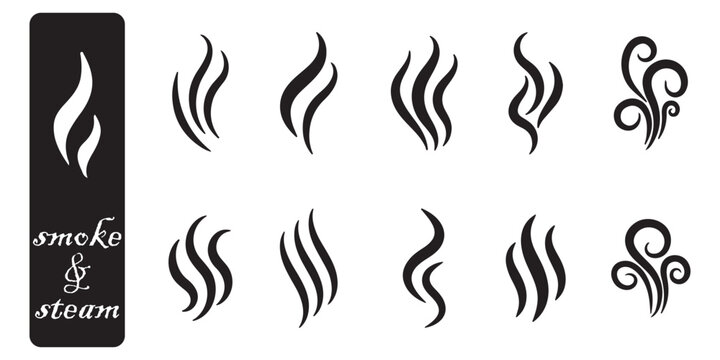 Fire steam or Line smoke doodle hand drawn set. smell waves from food or coffee and beverages sketch style.