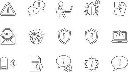 Collection of modern warning and alert icons featuring security shields, error messages, global issues, notifications, bugs, and technical problem symbols in clean vector style.