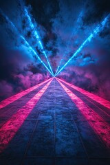 Laser light show. Bright LED laser beams, blue and pink stage lighting, LED strobe lights. Background