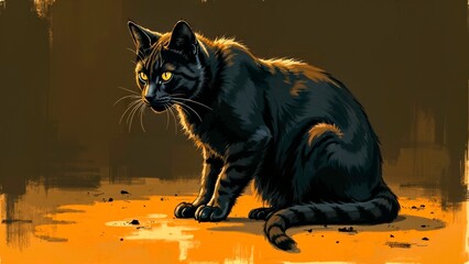 Close up image of a black cat sitting on a warm orange background