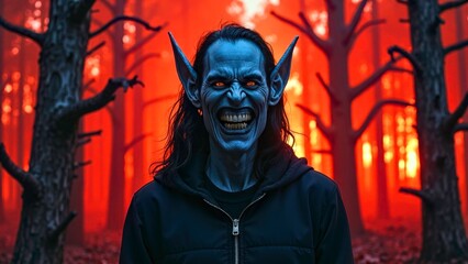 Red Forest Blue Skin Demon Face Character Mid Scene Picture
