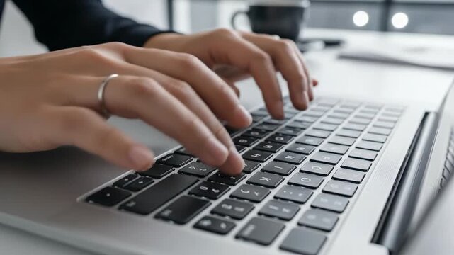 Close-up of a persons hands typing on a laptop keyboard, focusing on productivity and digital work.